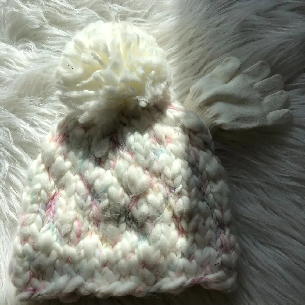 IMG Accessory Group Girls Cream Pastel Confetti Knit Beanie Pom Hat‎ Gloves Set